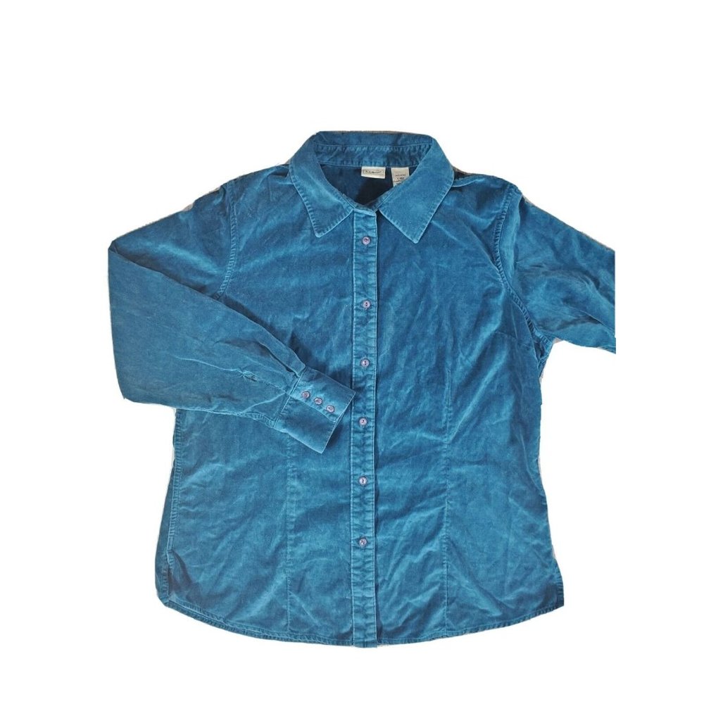 L.L.Bean Women's L-Reg Jacket Teal Velvet Button Up Collar Loose Fit Shacket